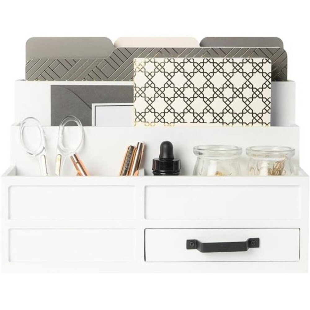 White wooden desktop organizer mail sorter with drawer paper bill storage office